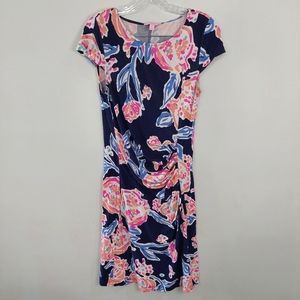 Lilly Pulitzer dress blue pink white floral knee length cap sleeve size Medium